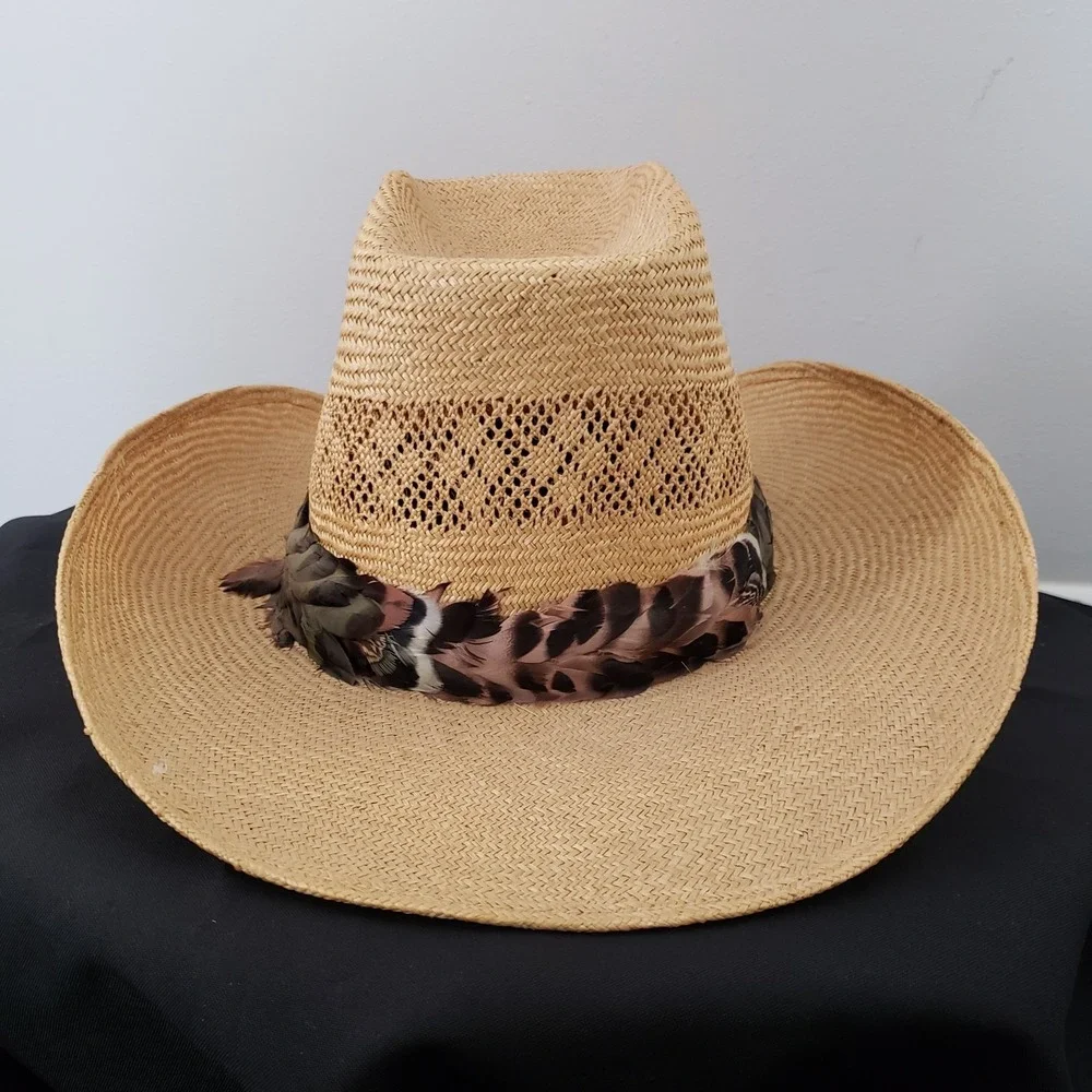 Vintage Adam Western 101 Corral Mens Straw Cowboy Hat SZ 7 Ranch Feather Band
